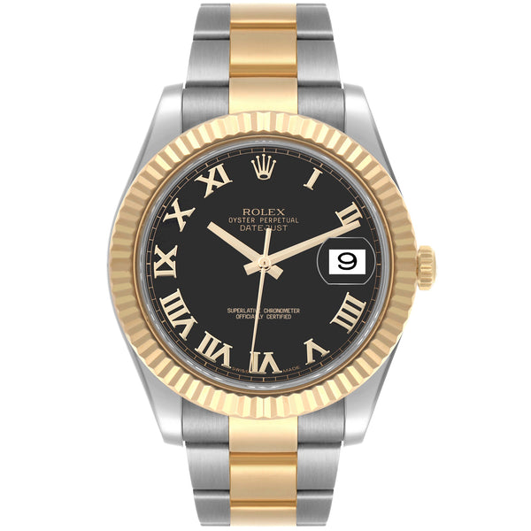 Rolex Datejust II 41mm 18K Gold Steel Two-Tone Black Roman Dial Men Watch 116333