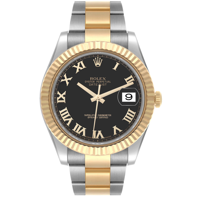 Rolex Datejust II 41mm 18K Gold Steel Two-Tone Black Roman Dial Men Watch 116333