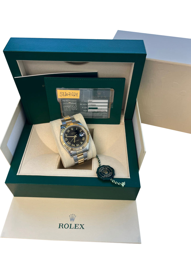 Rolex Datejust II 41mm 18K Gold Steel Two-Tone Black Roman Dial Men Watch 116333