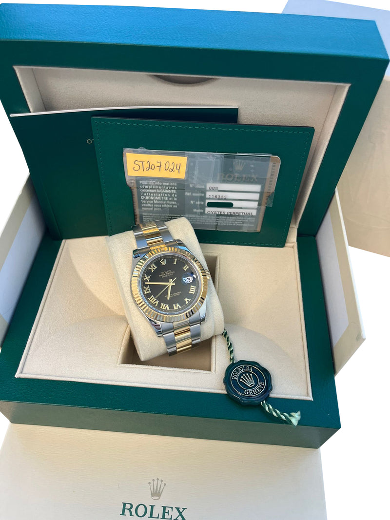 Rolex Datejust II 41mm 18K Gold Steel Two-Tone Black Roman Dial Men Watch 116333