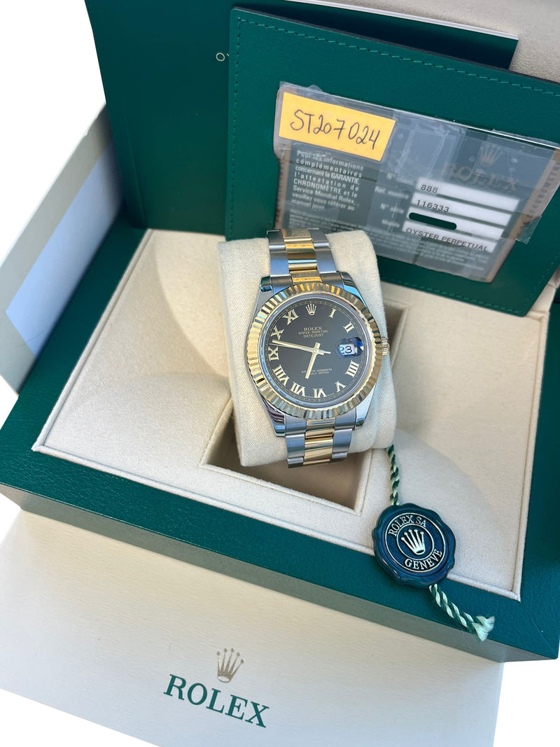 Rolex Datejust II 41mm 18K Gold Steel Two-Tone Black Roman Dial Men Watch 116333