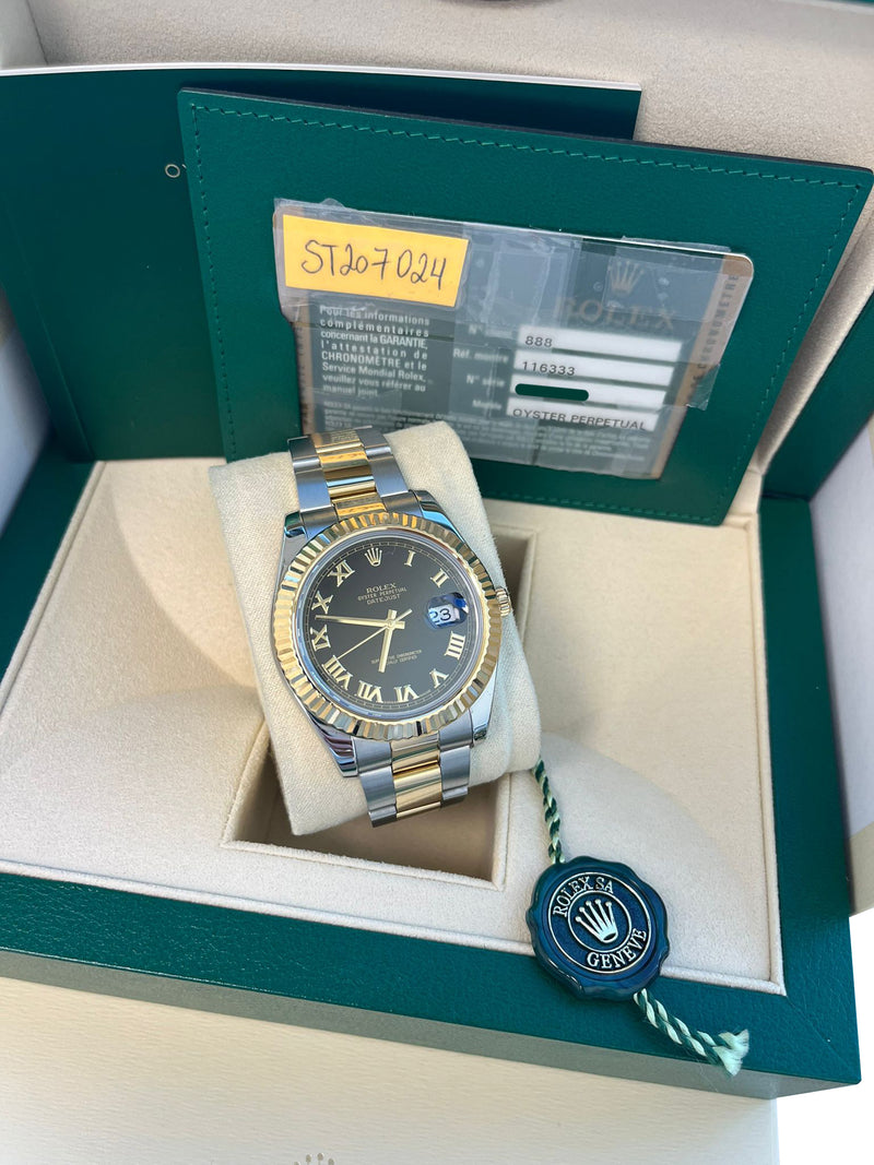 Rolex Datejust II 41mm 18K Gold Steel Two-Tone Black Roman Dial Men Watch 116333