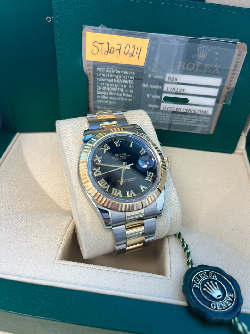 Rolex Datejust II 41mm 18K Gold Steel Two-Tone Black Roman Dial Men Watch 116333