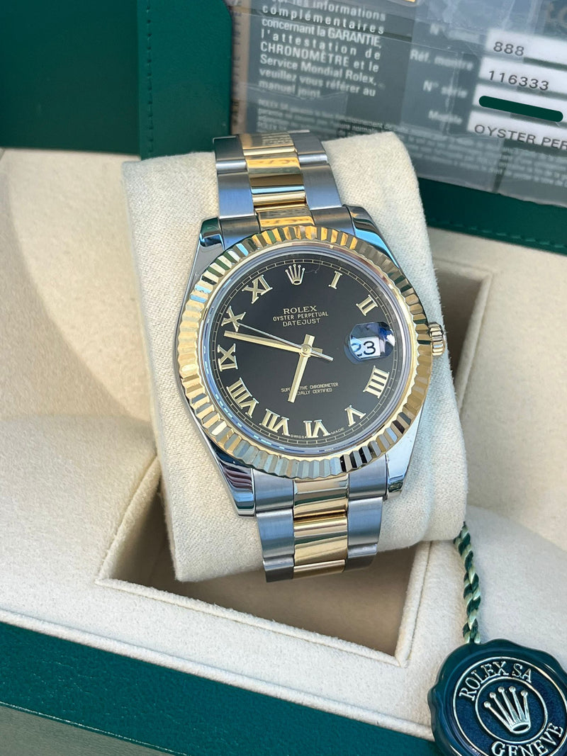 Rolex Datejust II 41mm 18K Gold Steel Two-Tone Black Roman Dial Men Watch 116333