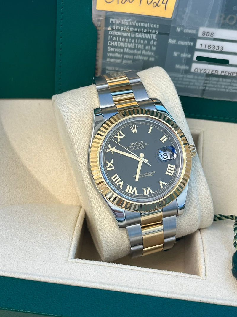 Rolex Datejust II 41mm 18K Gold Steel Two-Tone Black Roman Dial Men Watch 116333