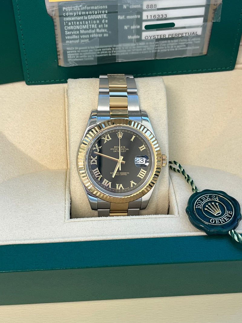 Rolex Datejust II 41mm 18K Gold Steel Two-Tone Black Roman Dial Men Watch 116333