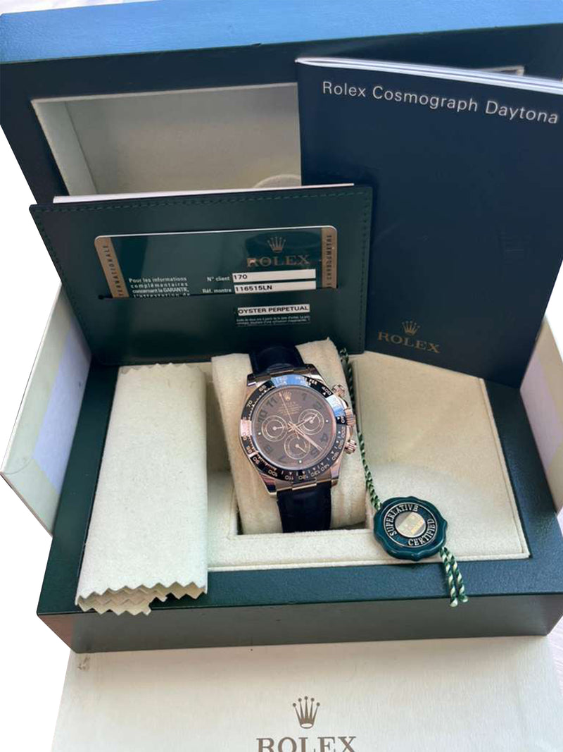 Rolex Daytona Cosmograph Ceramic Bezel Crocodile Strap Rose Gold Watch 116515LN