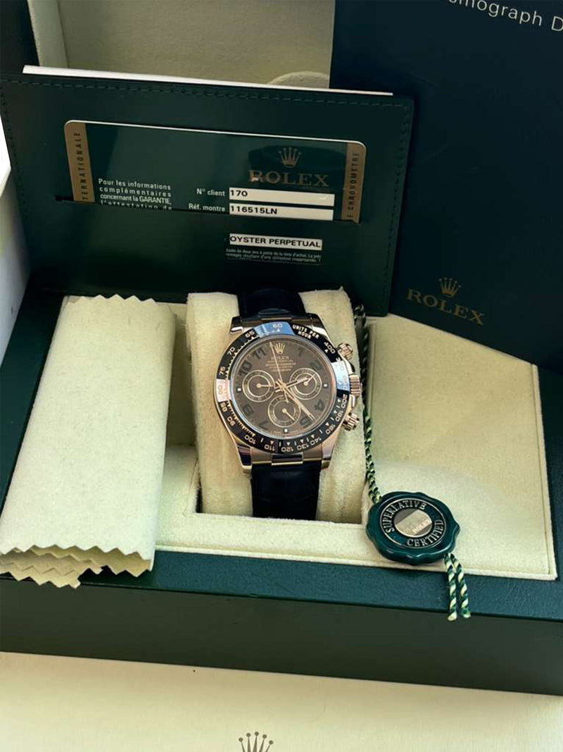 Rolex Daytona Cosmograph Ceramic Bezel Crocodile Strap Rose Gold Watch 116515LN