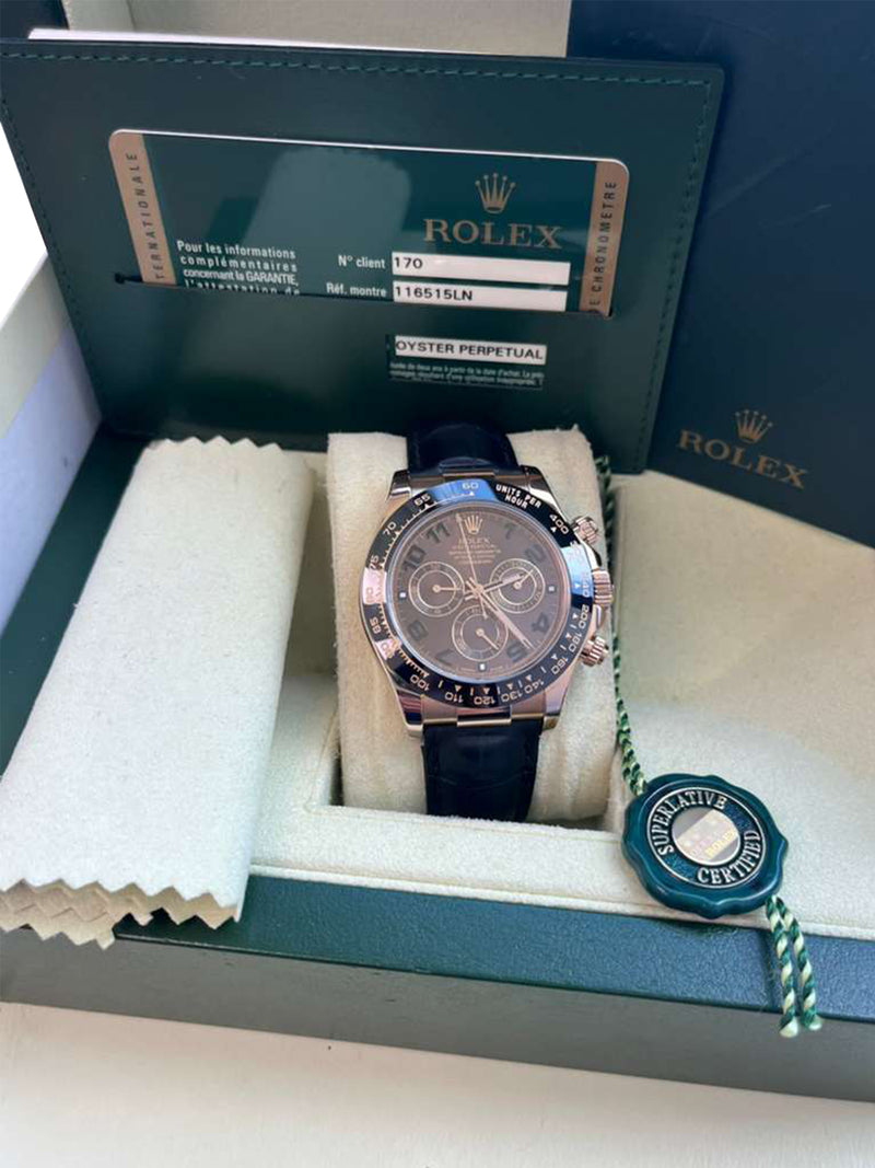 Rolex Daytona Cosmograph Ceramic Bezel Crocodile Strap Rose Gold Watch 116515LN