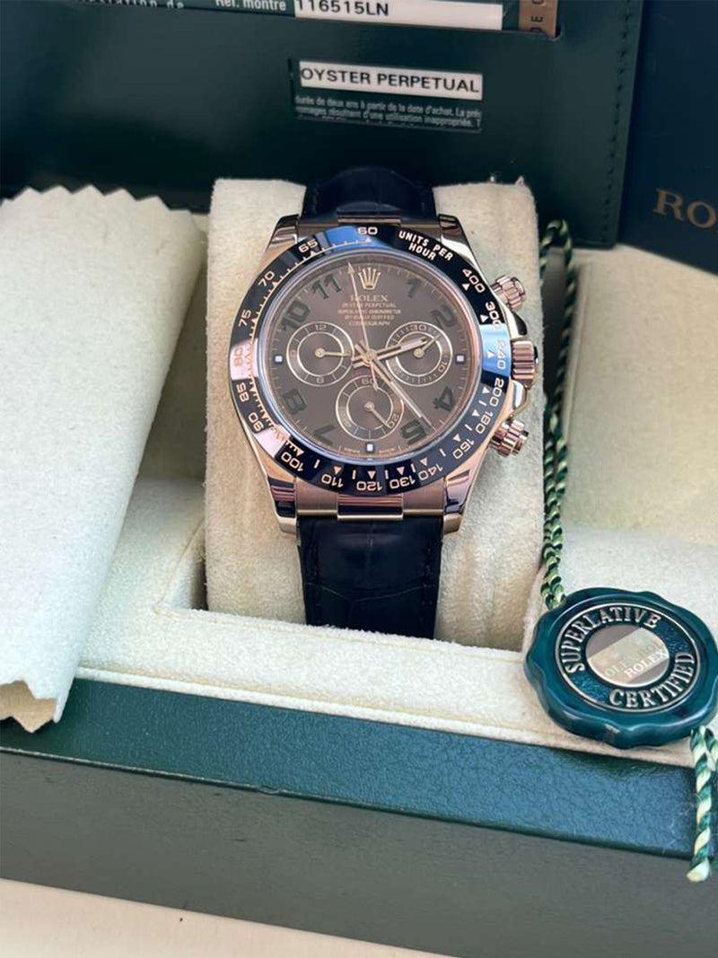 Rolex Daytona Cosmograph Ceramic Bezel Crocodile Strap Rose Gold Watch 116515LN