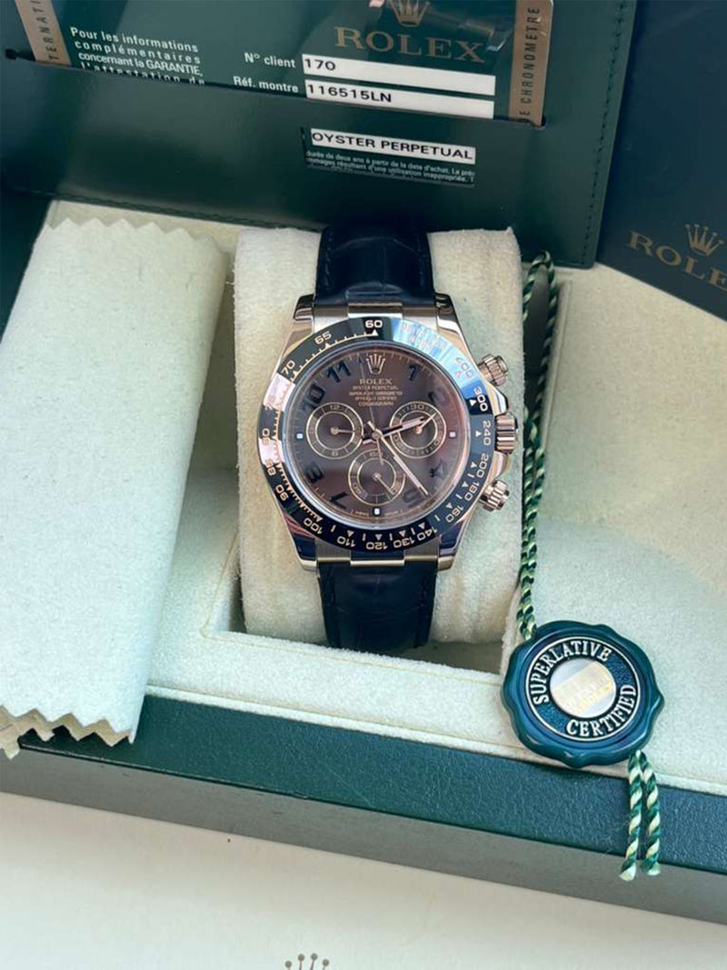 Rolex Daytona Cosmograph Ceramic Bezel Crocodile Strap Rose Gold Watch 116515LN