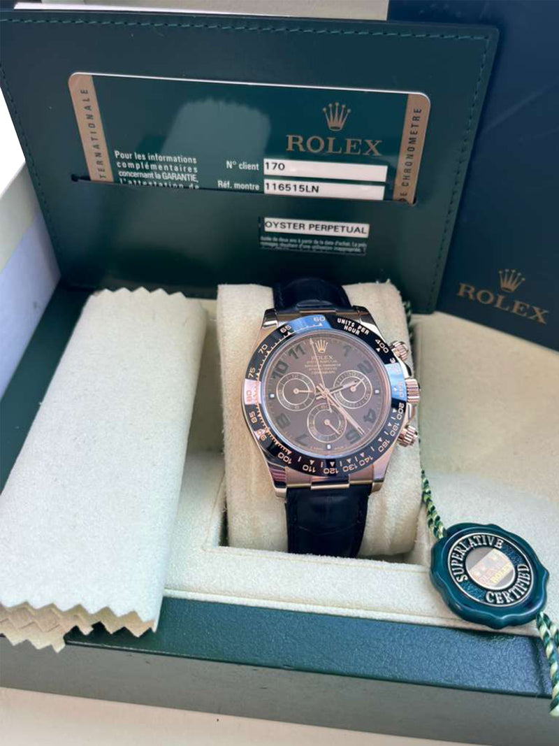 Rolex Daytona Cosmograph Ceramic Bezel Crocodile Strap Rose Gold Watch 116515LN