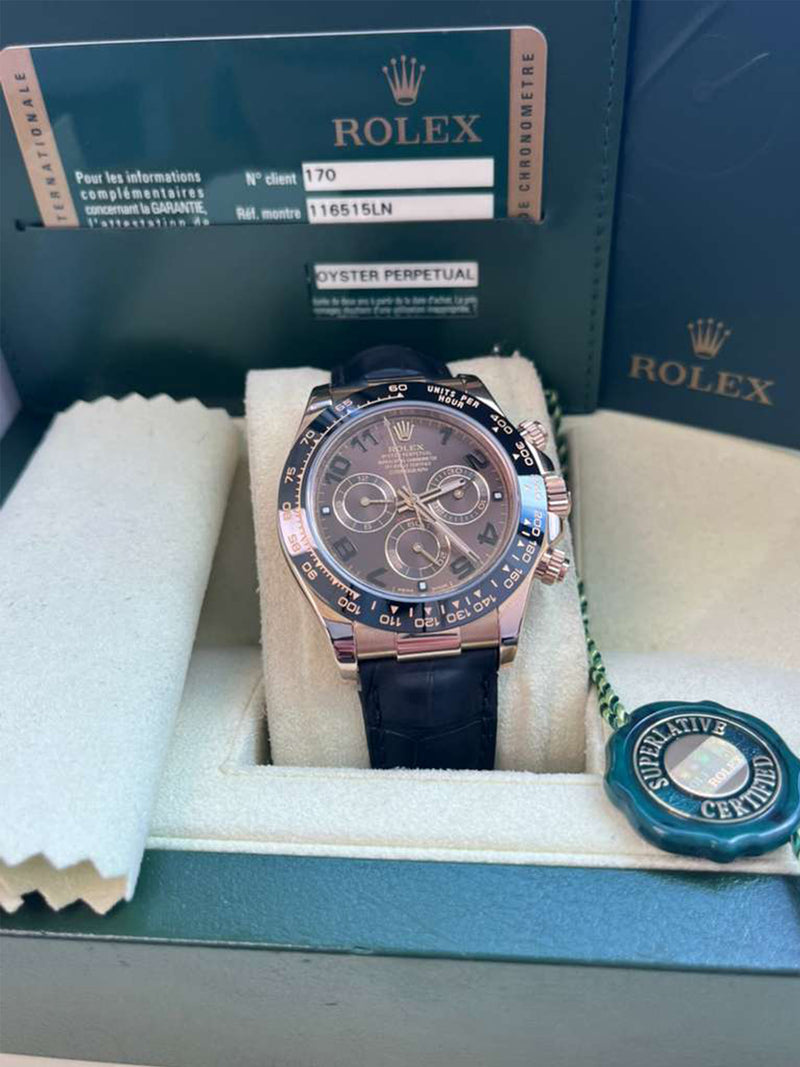 Rolex Daytona Cosmograph Ceramic Bezel Crocodile Strap Rose Gold Watch 116515LN