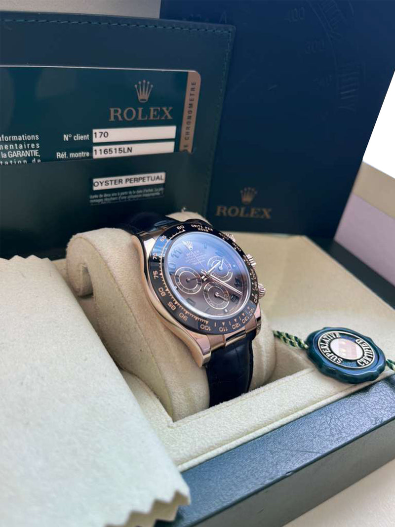 Rolex Daytona Cosmograph Ceramic Bezel Crocodile Strap Rose Gold Watch 116515LN