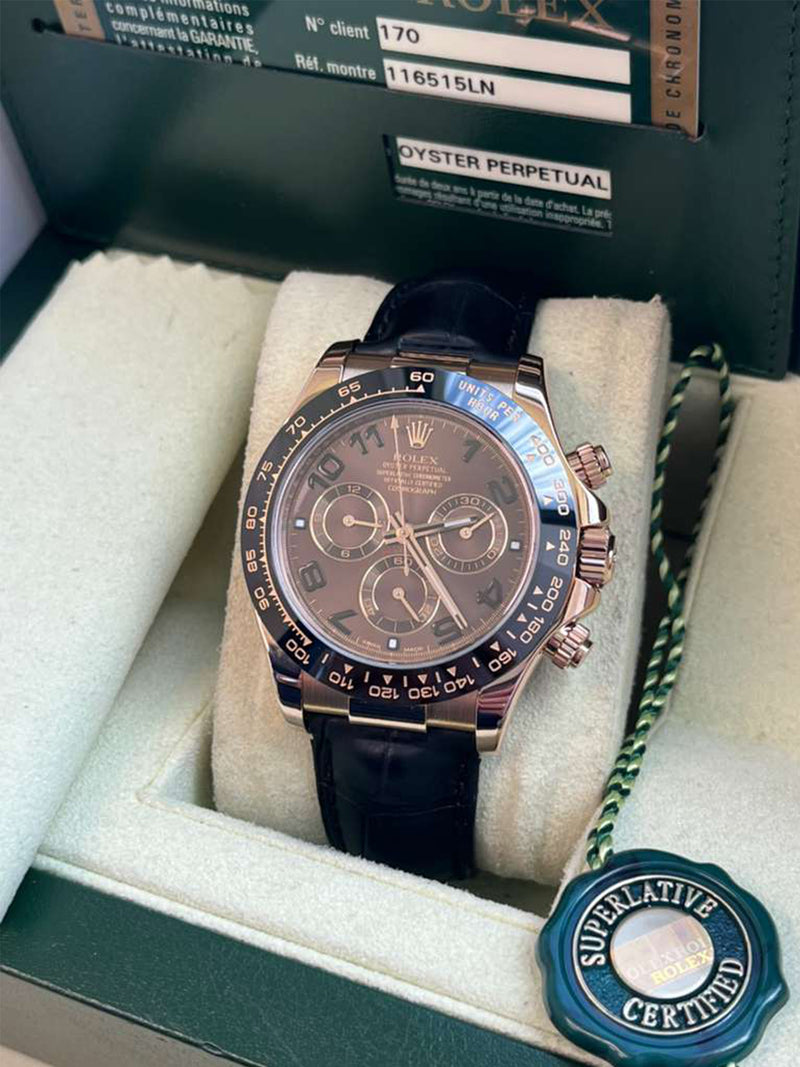 Rolex Daytona Cosmograph Ceramic Bezel Crocodile Strap Rose Gold Watch 116515LN