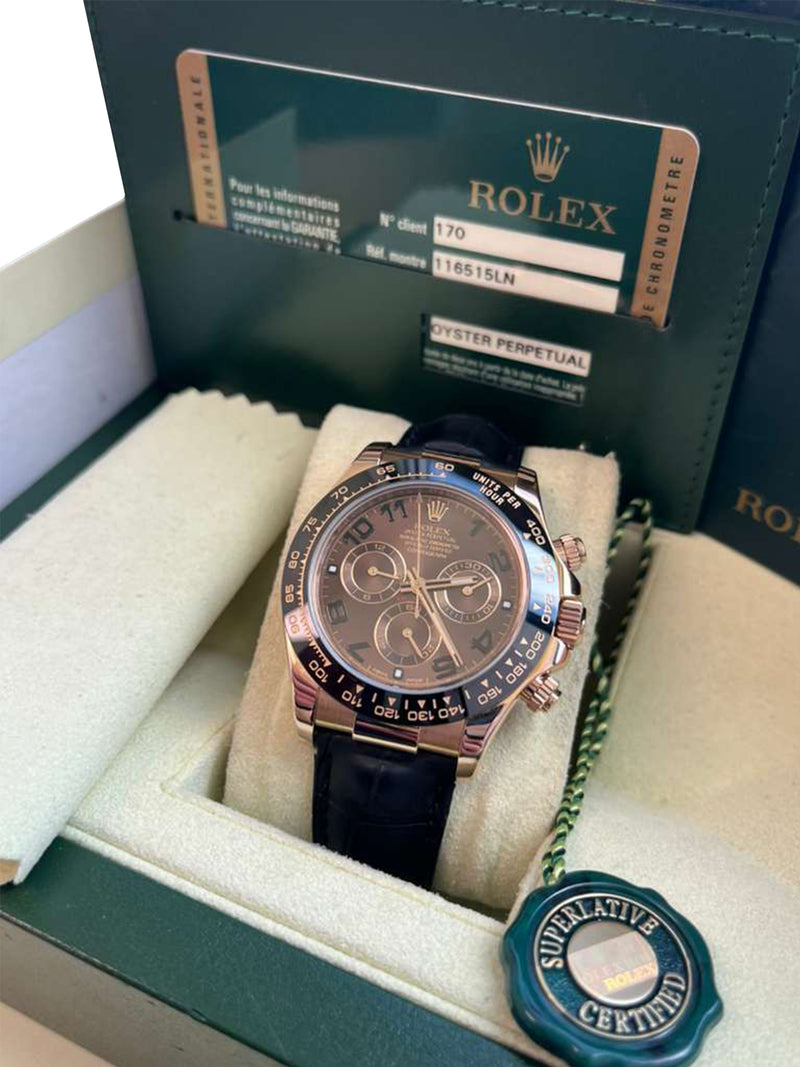 Rolex Daytona Cosmograph Ceramic Bezel Crocodile Strap Rose Gold Watch 116515LN