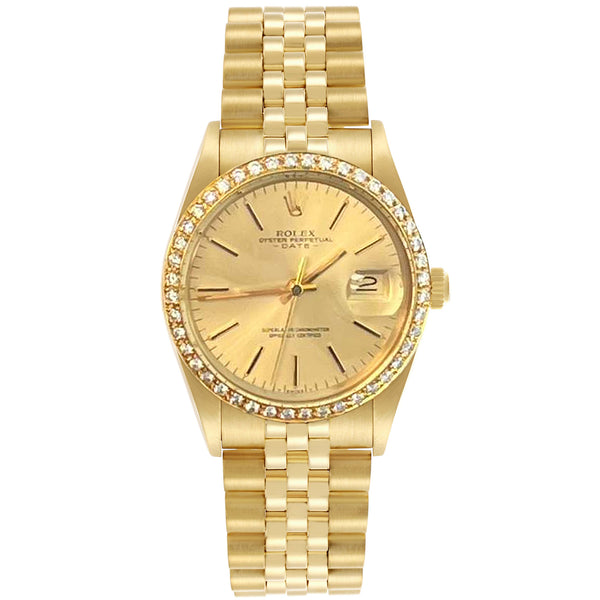 Rolex Oyster Perpetual Date Champagne Dial Diamond Bezel Yellow Gold Watch 15037
