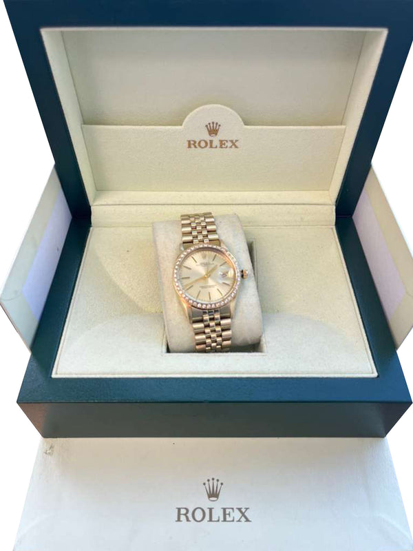 Rolex Oyster Perpetual Date Champagne Dial Diamond Bezel Yellow Gold Watch 15037