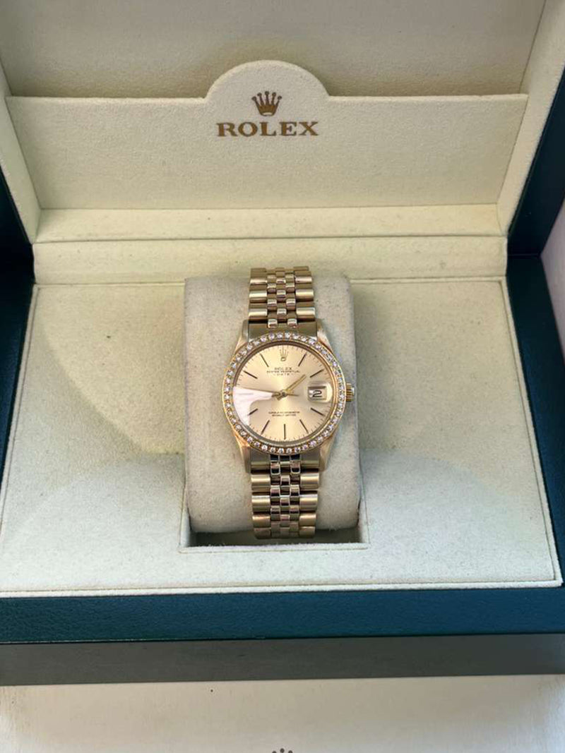Rolex Oyster Perpetual Date Champagne Dial Diamond Bezel Yellow Gold Watch 15037