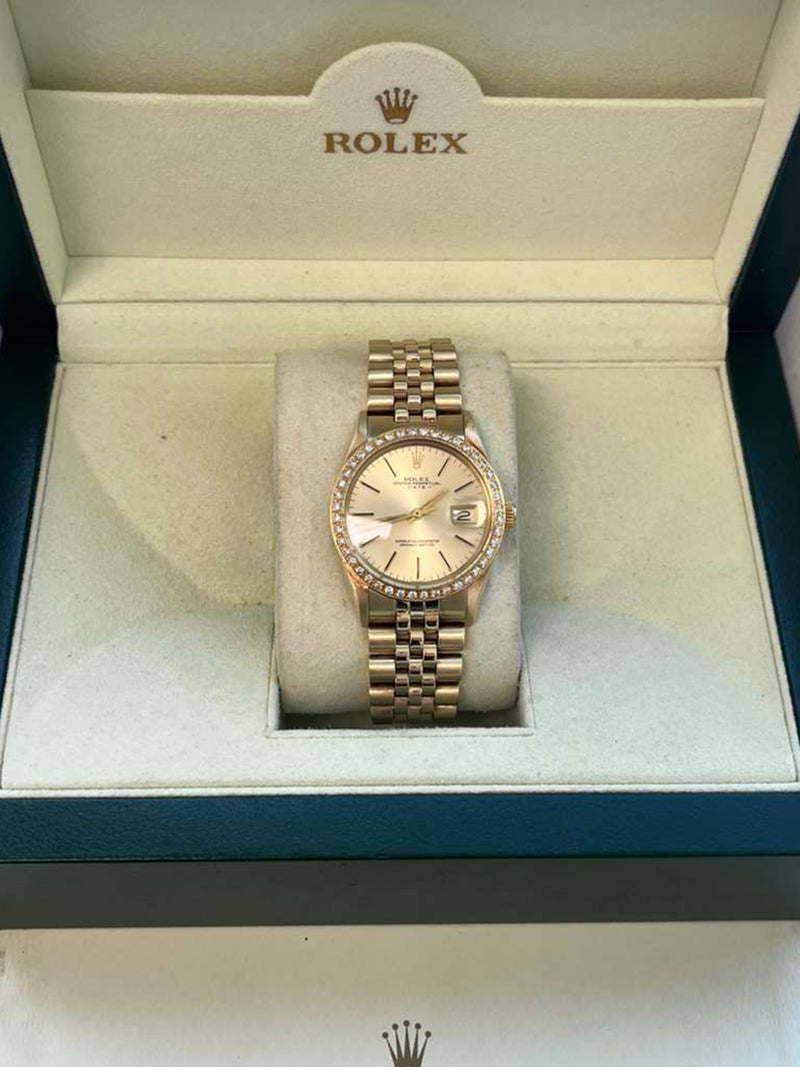 Rolex Oyster Perpetual Date Champagne Dial Diamond Bezel Yellow Gold Watch 15037