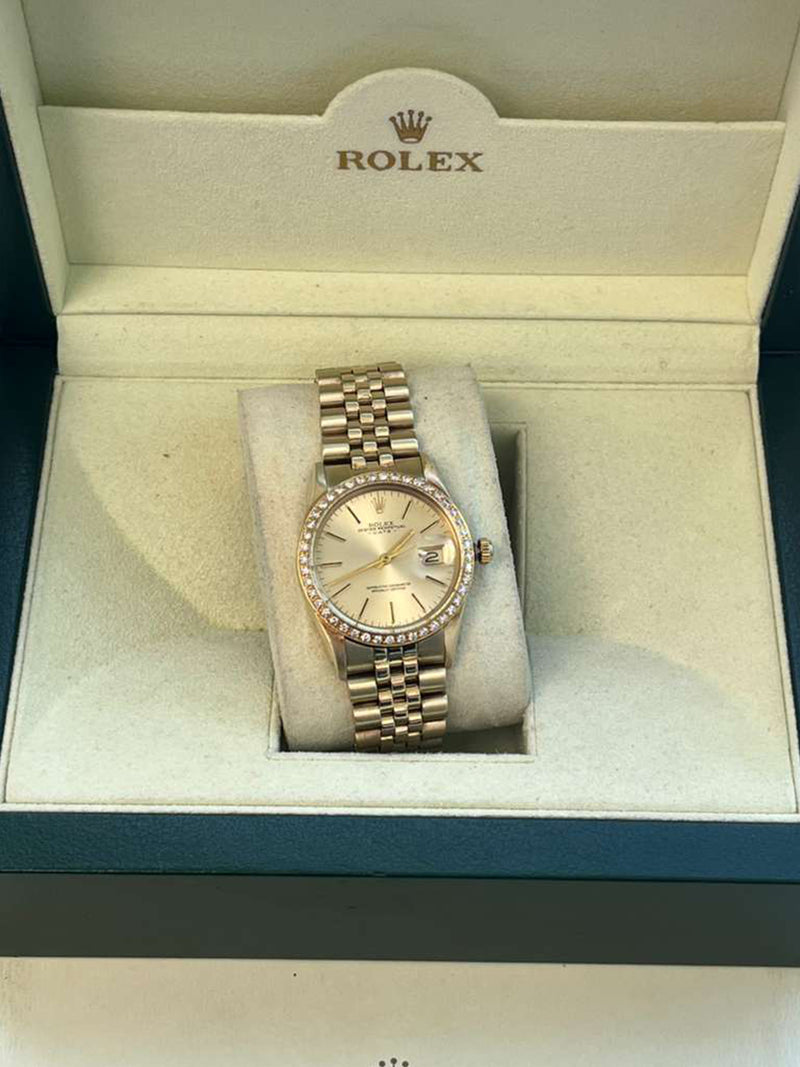 Rolex Oyster Perpetual Date Champagne Dial Diamond Bezel Yellow Gold Watch 15037