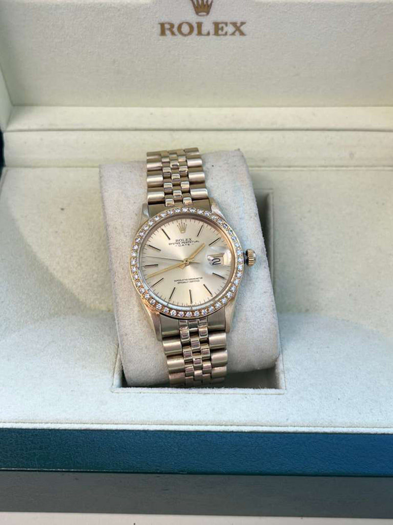 Rolex Oyster Perpetual Date Champagne Dial Diamond Bezel Yellow Gold Watch 15037