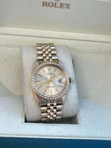 Rolex Oyster Perpetual Date Champagne Dial Diamond Bezel Yellow Gold Watch 15037