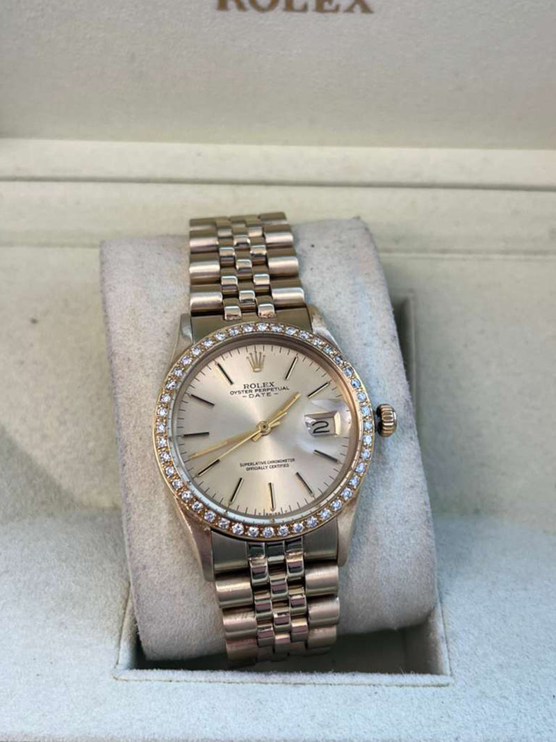Rolex Oyster Perpetual Date Champagne Dial Diamond Bezel Yellow Gold Watch 15037