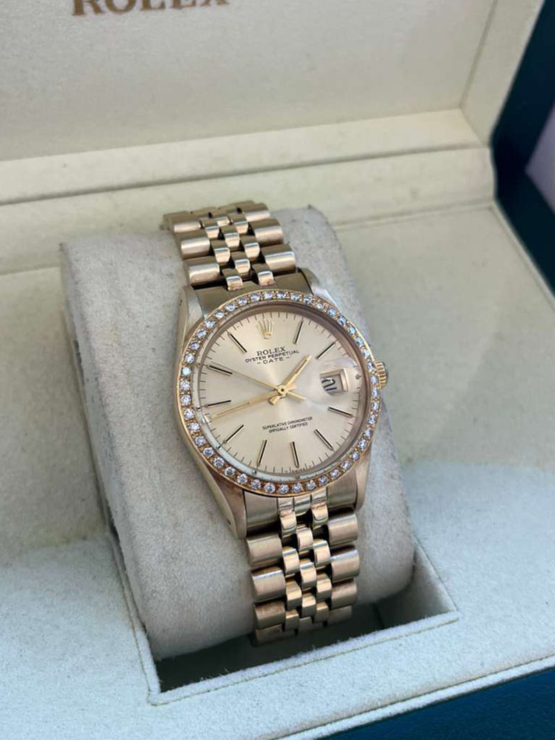 Rolex Oyster Perpetual Date Champagne Dial Diamond Bezel Yellow Gold Watch 15037