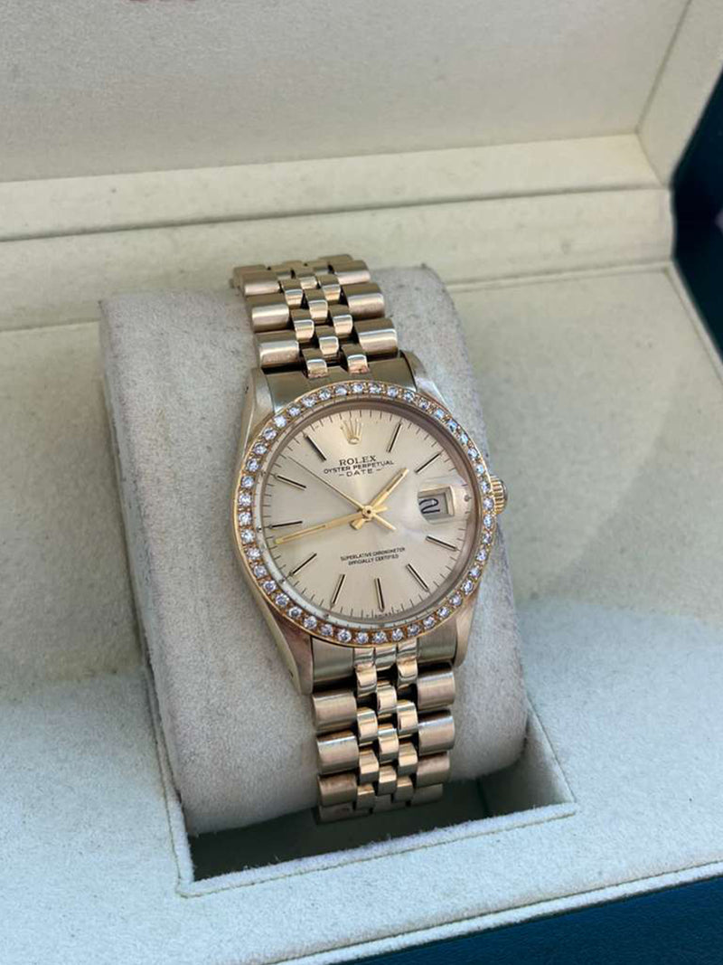 Rolex Oyster Perpetual Date Champagne Dial Diamond Bezel Yellow Gold Watch 15037