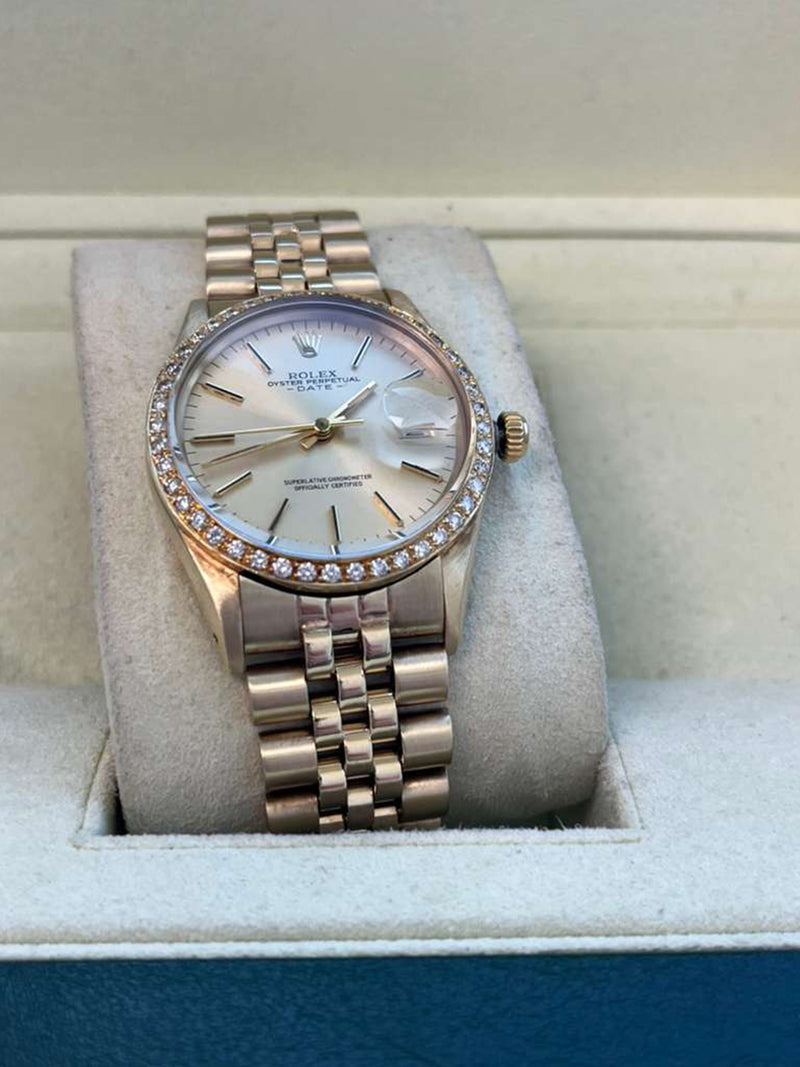 Rolex Oyster Perpetual Date Champagne Dial Diamond Bezel Yellow Gold Watch 15037