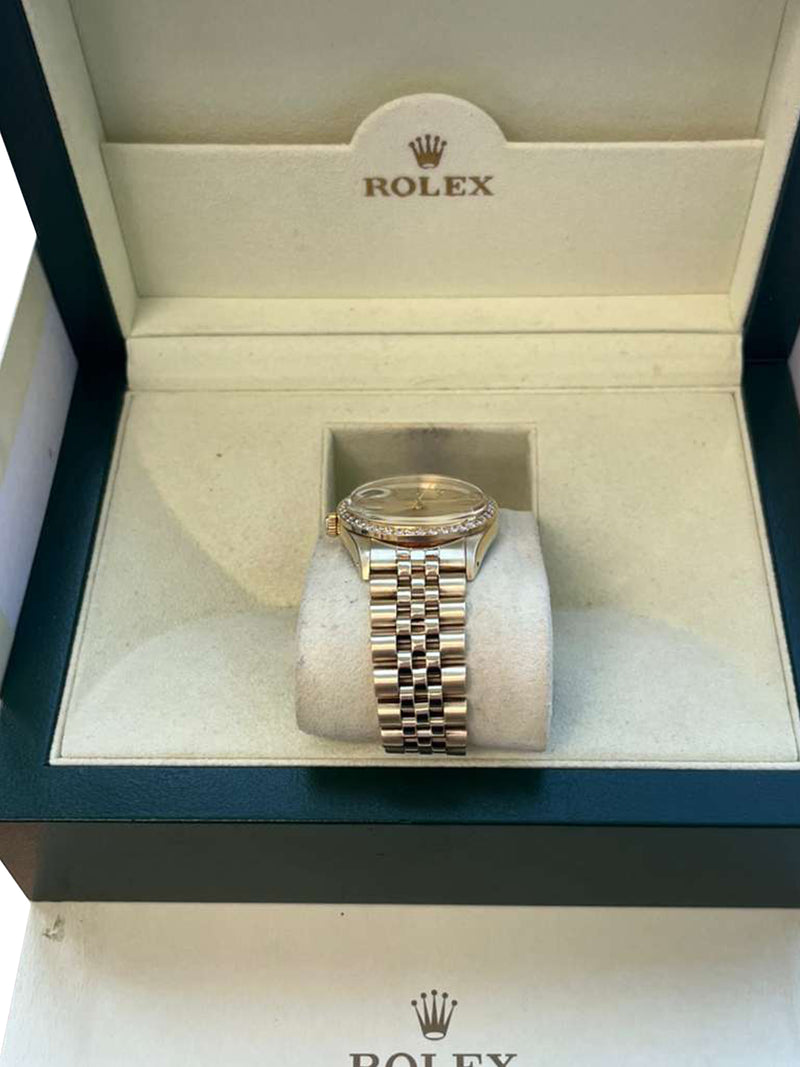Rolex Oyster Perpetual Date Champagne Dial Diamond Bezel Yellow Gold Watch 15037