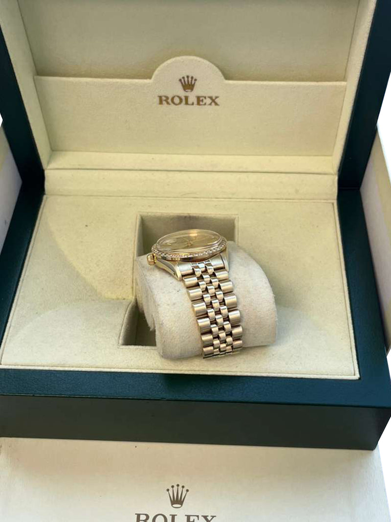 Rolex Oyster Perpetual Date Champagne Dial Diamond Bezel Yellow Gold Watch 15037