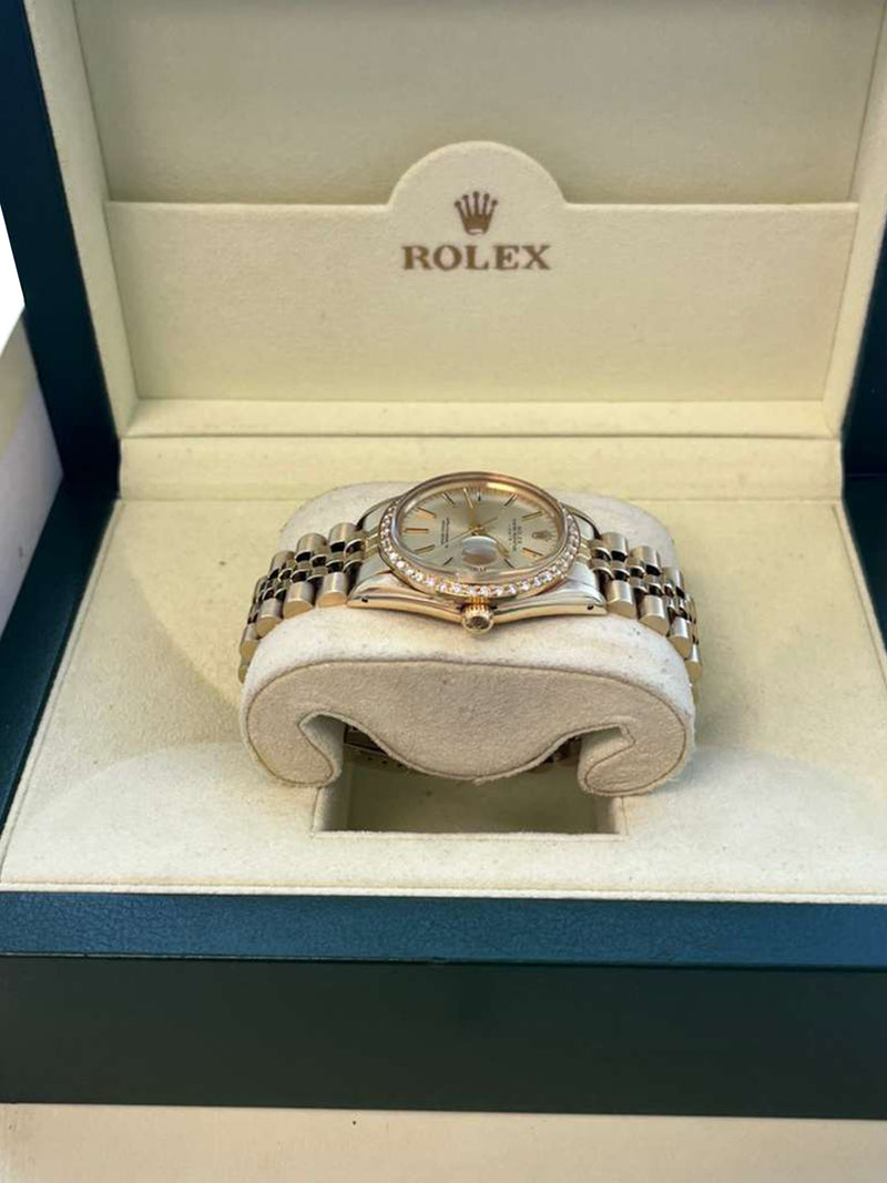Rolex Oyster Perpetual Date Champagne Dial Diamond Bezel Yellow Gold Watch 15037
