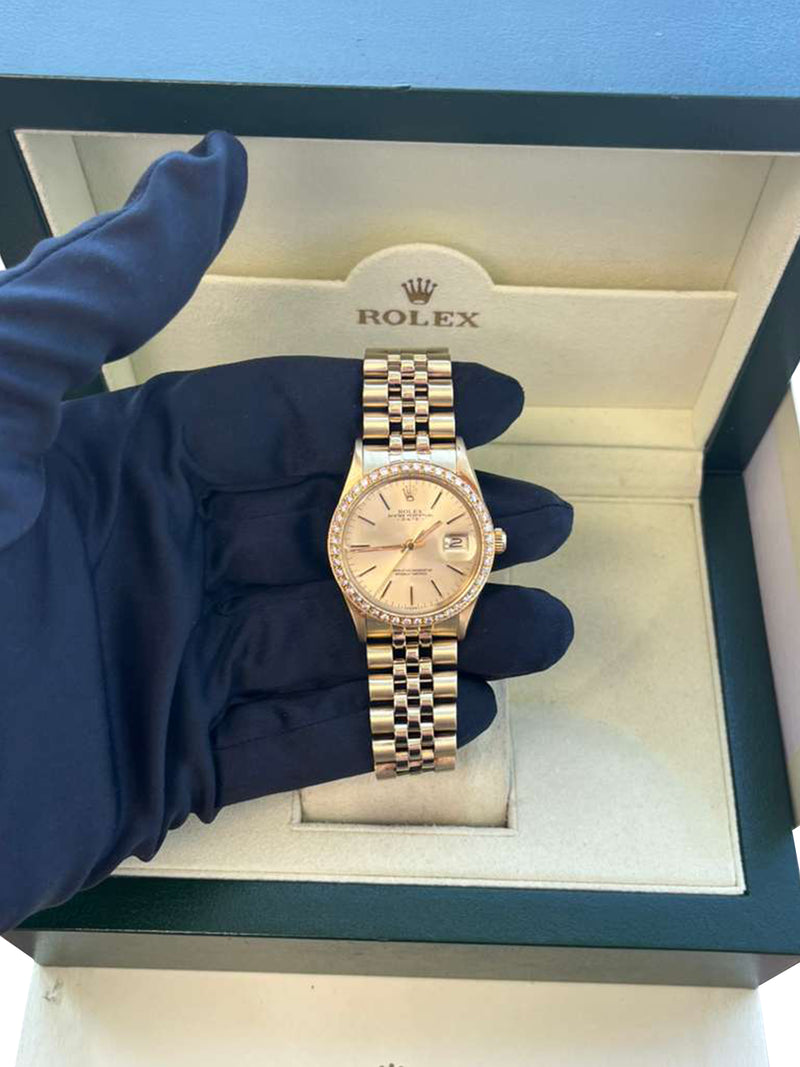 Rolex Oyster Perpetual Date Champagne Dial Diamond Bezel Yellow Gold Watch 15037