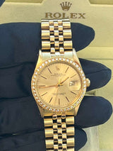 Rolex Oyster Perpetual Date Champagne Dial Diamond Bezel Yellow Gold Watch 15037