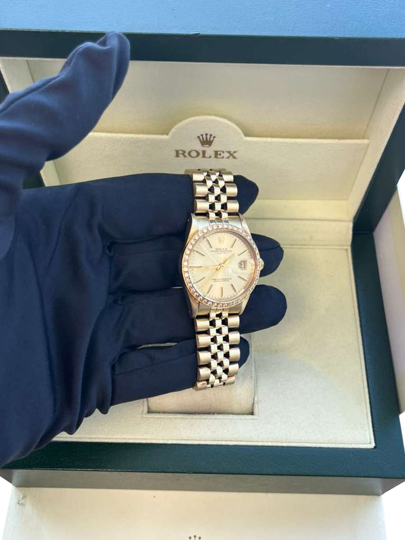 Rolex Oyster Perpetual Date Champagne Dial Diamond Bezel Yellow Gold Watch 15037