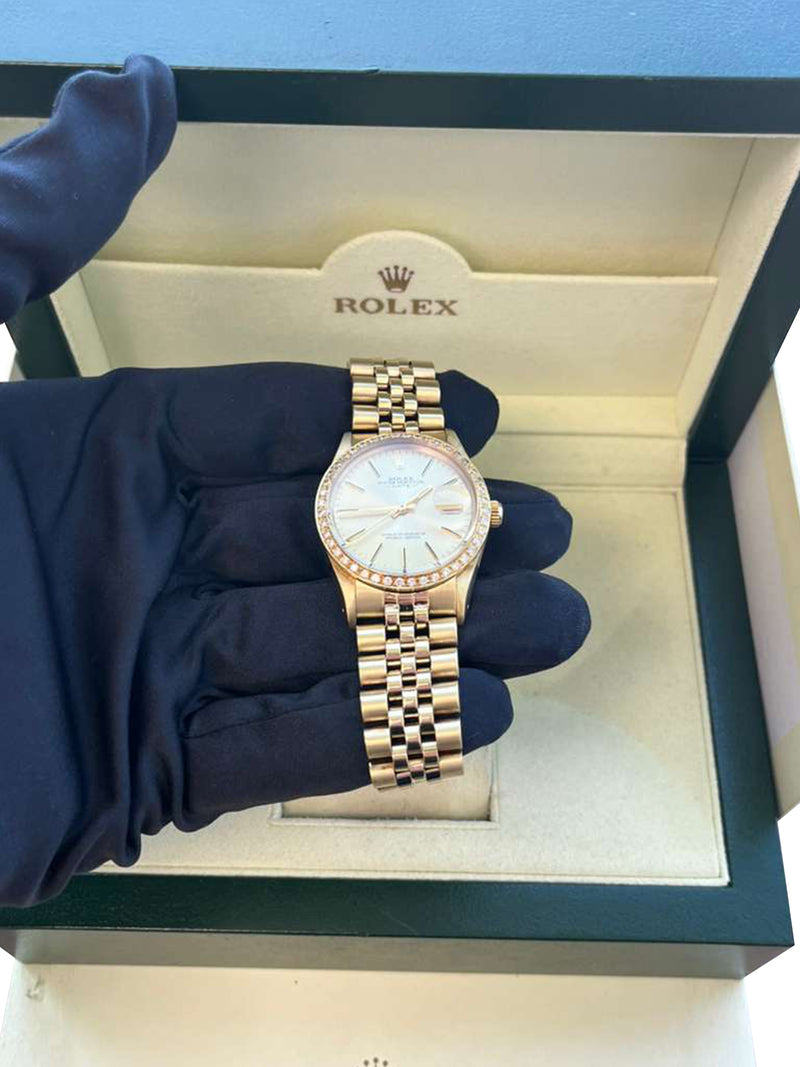 Rolex Oyster Perpetual Date Champagne Dial Diamond Bezel Yellow Gold Watch 15037