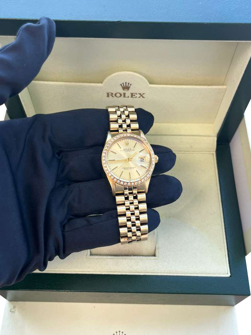 Rolex Oyster Perpetual Date Champagne Dial Diamond Bezel Yellow Gold Watch 15037