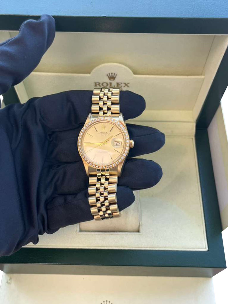 Rolex Oyster Perpetual Date Champagne Dial Diamond Bezel Yellow Gold Watch 15037