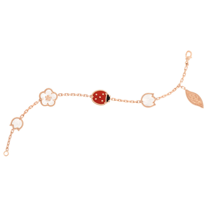 Van Cleef & Arpels Lucky Spring Bracelet MOP Carnelian Onyx 5 Motifs Rose Gold