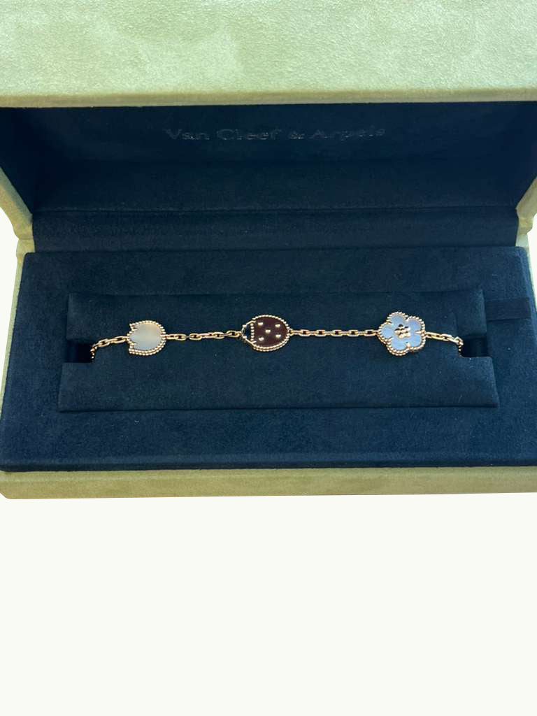 Van Cleef & Arpels Lucky Spring Bracelet MOP Carnelian Onyx 5 Motifs Rose Gold