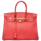 Hermes Birkin 35cm Rouge Pivoine Clemence Leather Gold Hardware Handbag