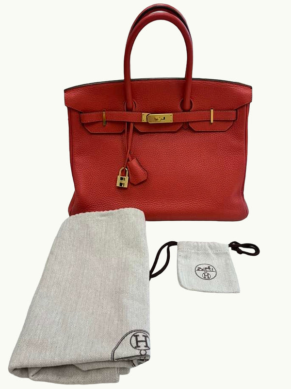 Hermes Birkin 35cm Rouge Pivoine Clemence Leather Gold Hardware Handbag