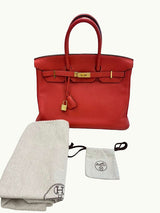 Hermes Birkin 35cm Rouge Pivoine Clemence Leather Gold Hardware Handbag