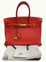 Hermes Birkin 35cm Rouge Pivoine Clemence Leather Gold Hardware Handbag