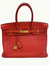Hermes Birkin 35cm Rouge Pivoine Clemence Leather Gold Hardware Handbag