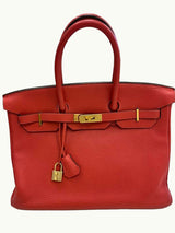 Hermes Birkin 35cm Rouge Pivoine Clemence Leather Gold Hardware Handbag