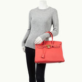 Hermes Birkin 35cm Rouge Pivoine Clemence Leather Gold Hardware Handbag