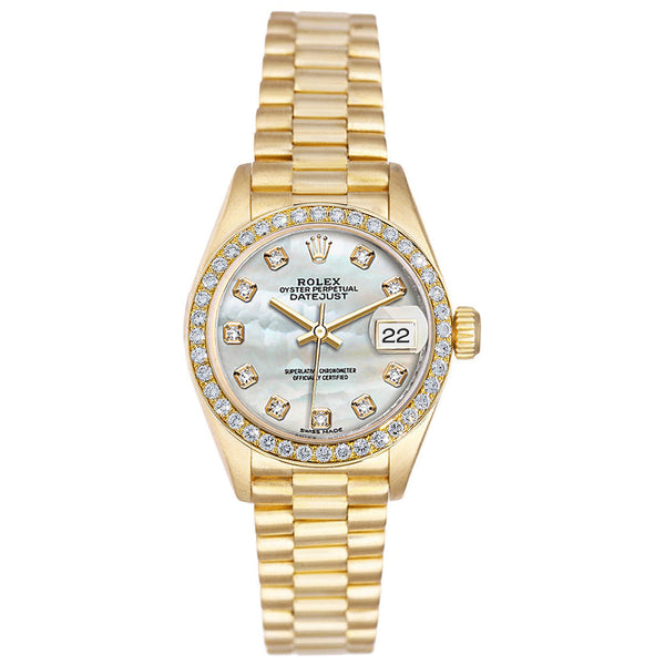 Rolex Lady-Datejust President Yellow Gold MOP Diamond Dial Bezel Watch 69178